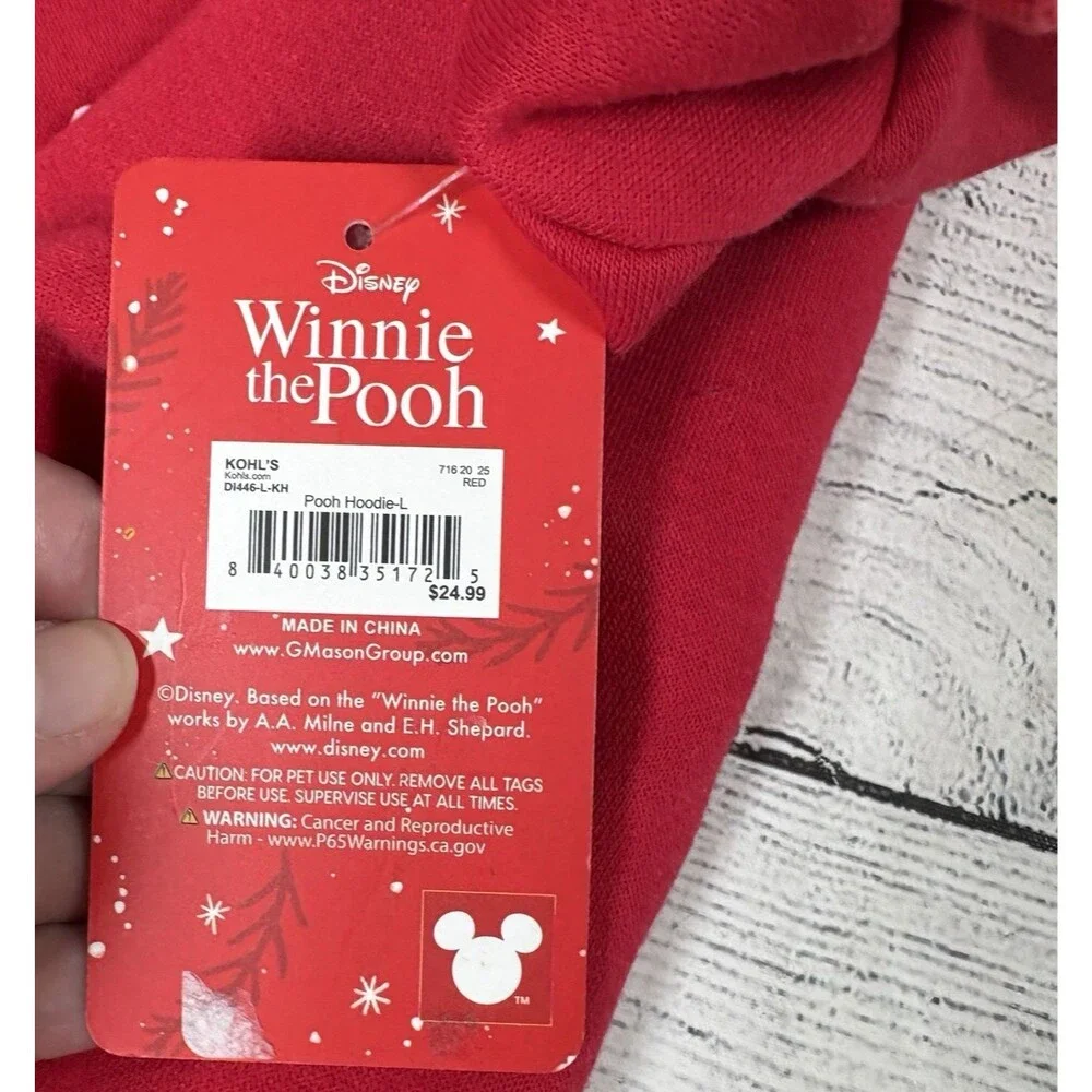 Disney Dog Sweater Sz L Winnie The Pooh Merry Christmas Red Pet Hoodie Holiday